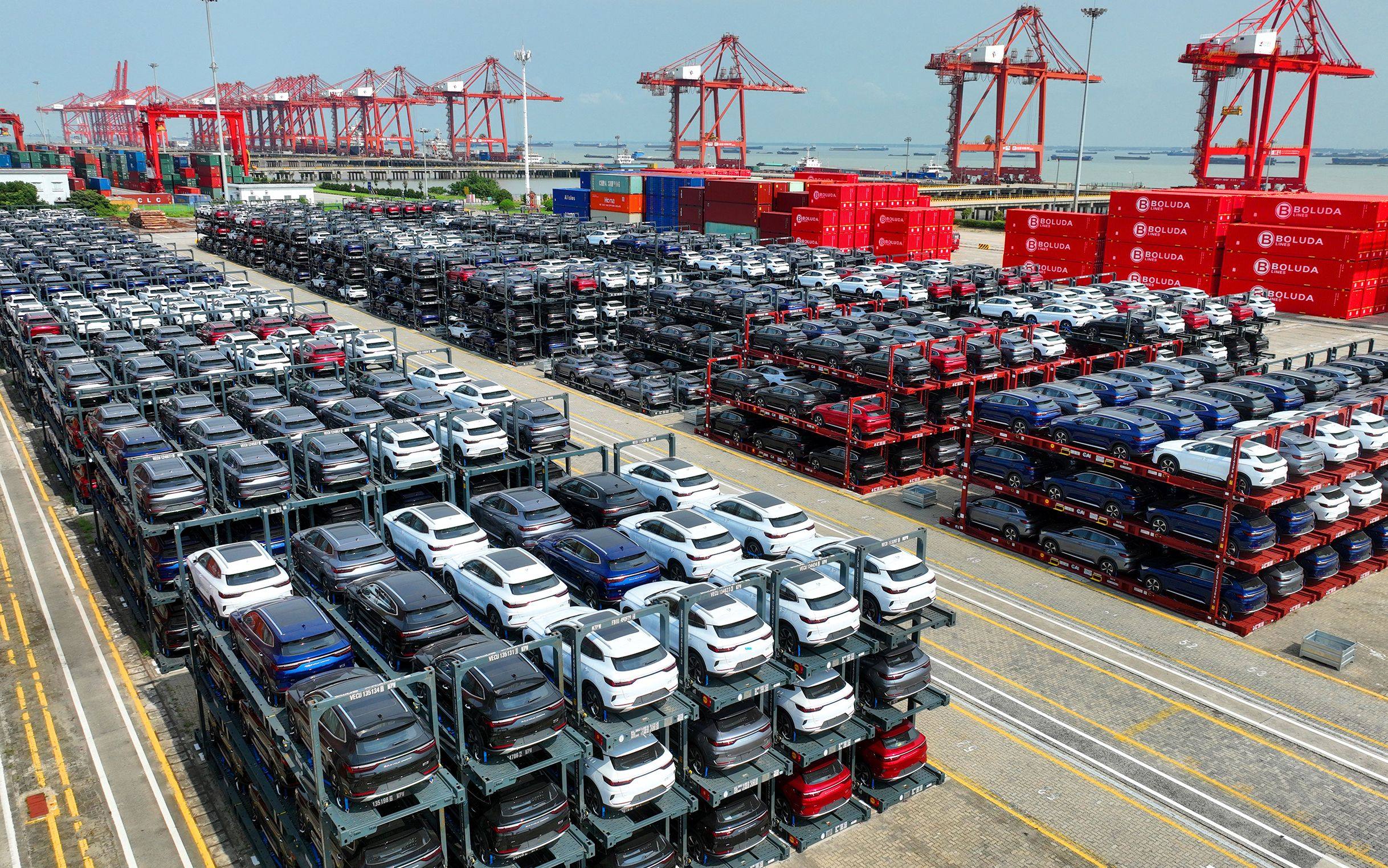 BYD electric cars waiting to be loaded on a ship are stacked at the international container terminal of Taicang Port in Suzhou, Jiangsu Province in September 2024. Photo: AFP